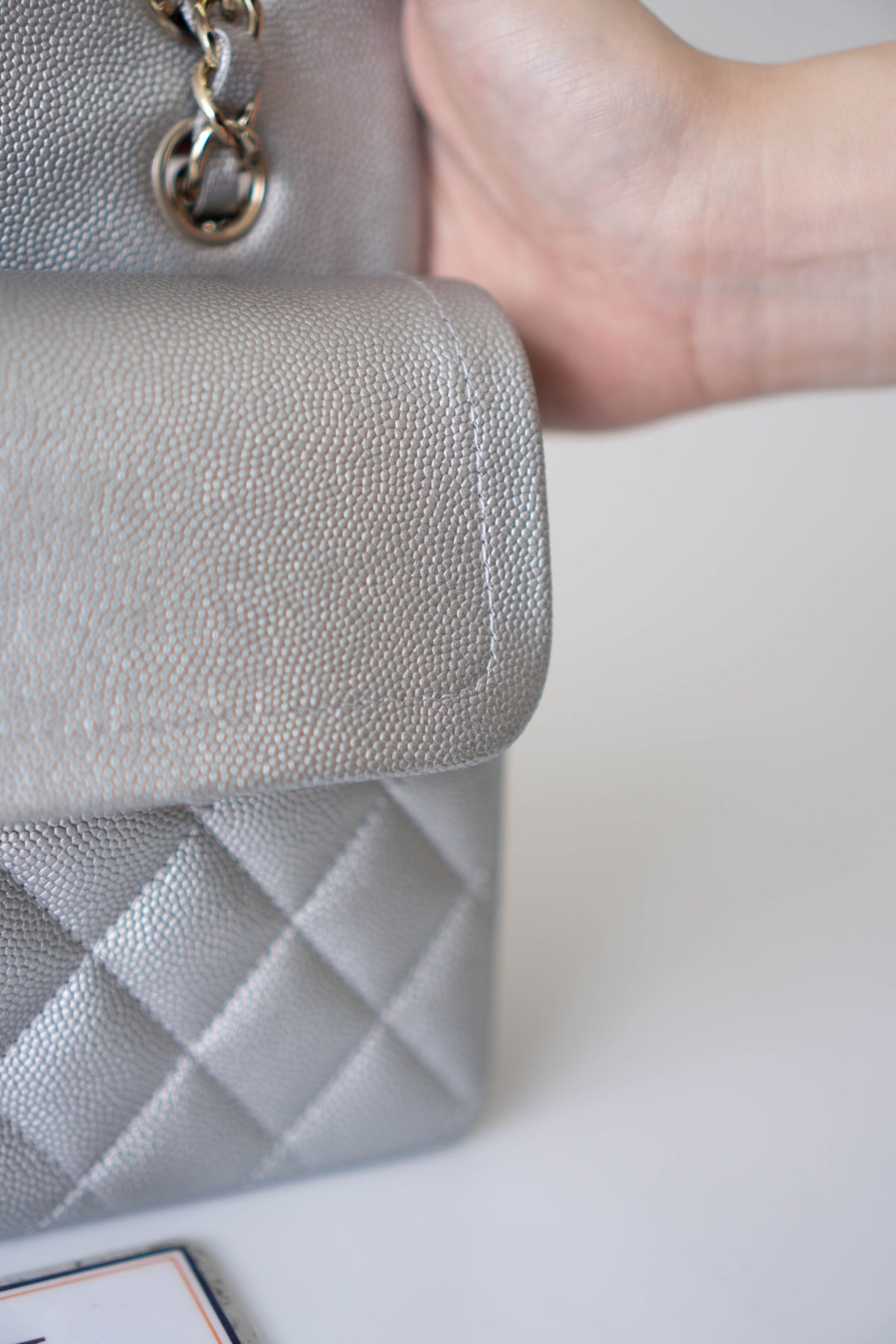 CC Classic Medium Double Flap Bag – Metallic Silver Iridescent Caviar in Light Gold Hardware