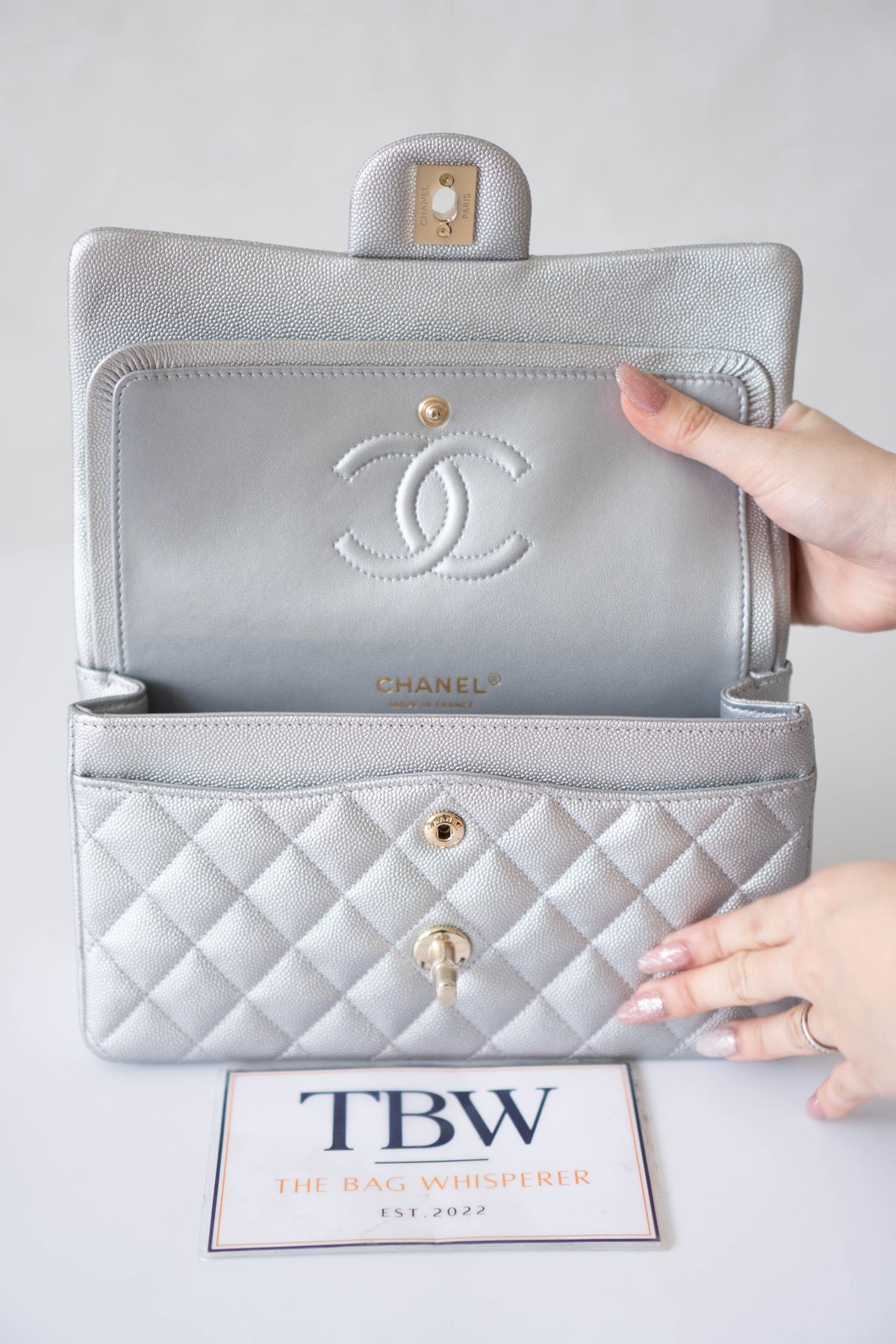 CC Classic Medium Double Flap Bag – Metallic Silver Iridescent Caviar in Light Gold Hardware