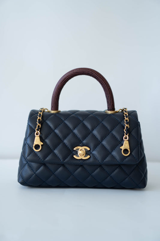 Coco Handle Small Navy Blue Caviar Leather & Snake Skin Handle with Gold Hardware