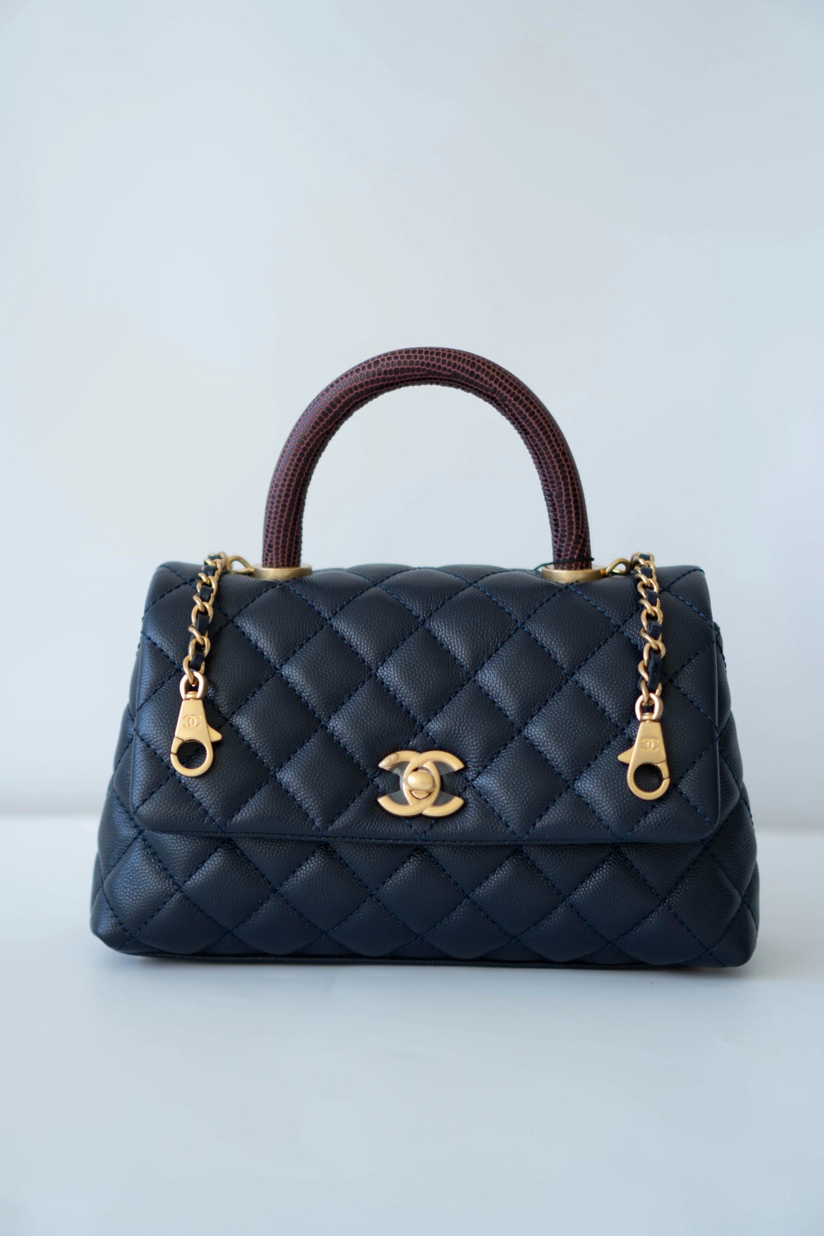 Coco Handle Small Navy Blue Caviar Leather & Snake Skin Handle with Gold Hardware