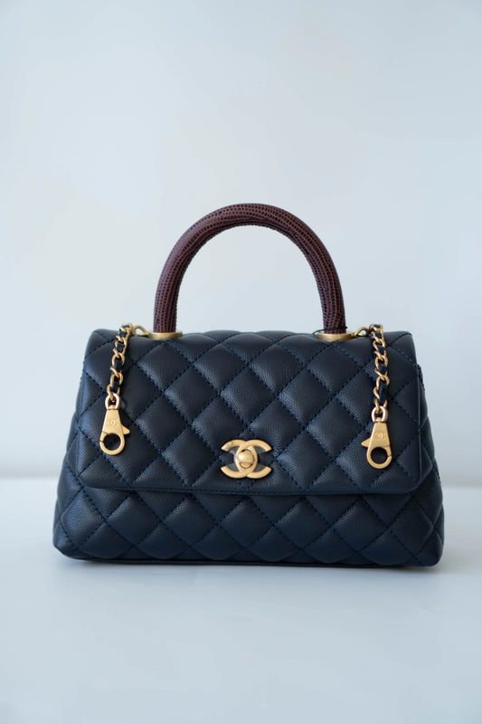 Coco Handle Small Navy Blue Caviar Leather & Snake Skin Handle with Gold Hardware
