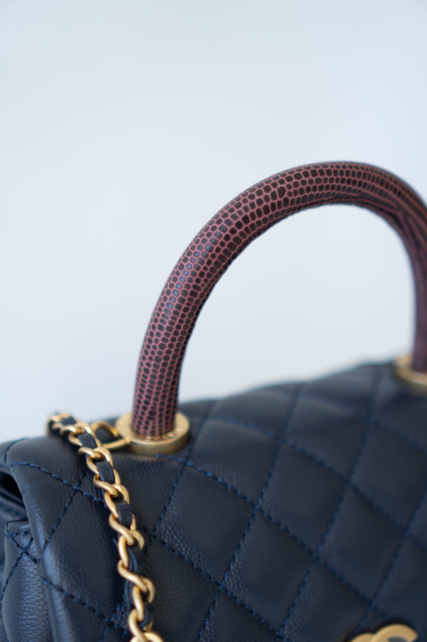 Coco Handle Small Navy Blue Caviar Leather & Snake Skin Handle with Gold Hardware