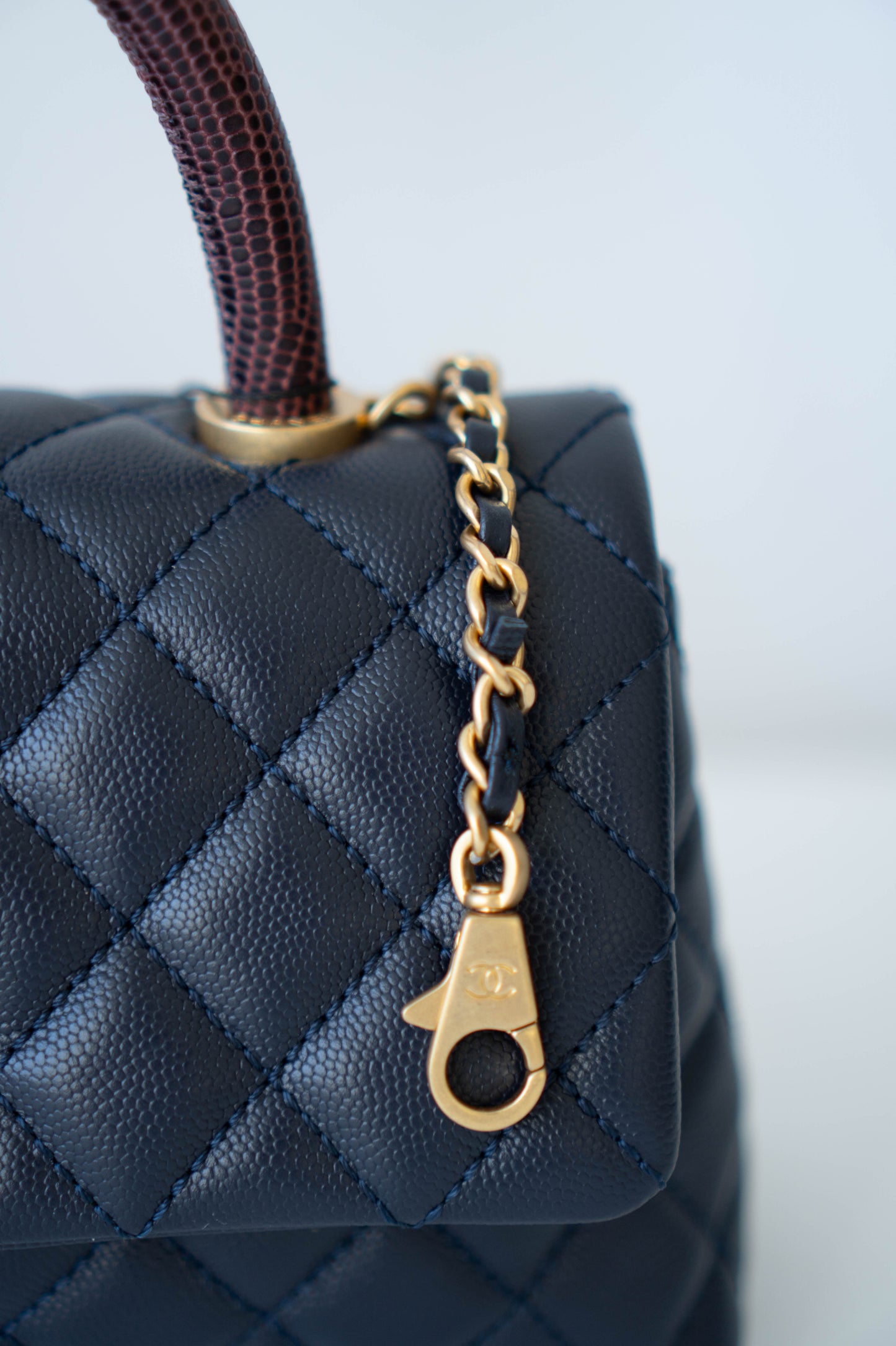 Coco Handle Small Navy Blue Caviar Leather & Snake Skin Handle with Gold Hardware