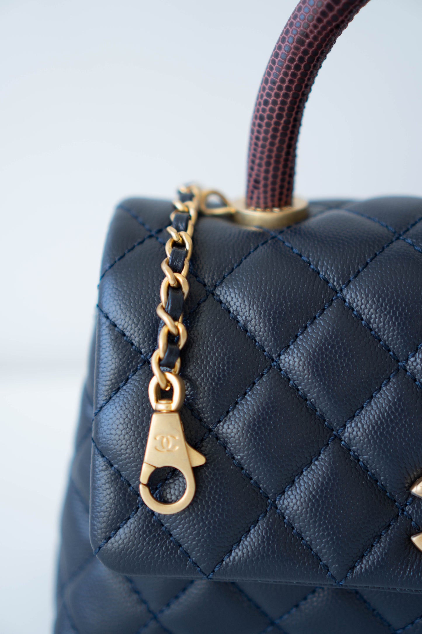 Coco Handle Small Navy Blue Caviar Leather & Snake Skin Handle with Gold Hardware