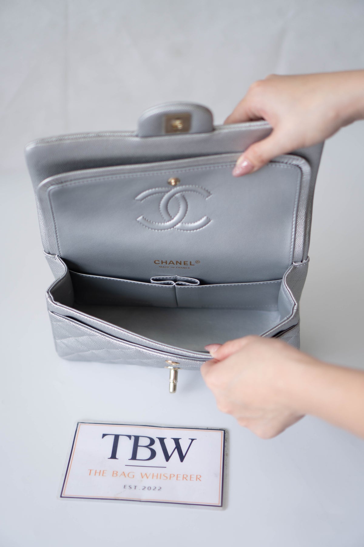 CC Classic Medium Double Flap Bag – Metallic Silver Iridescent Caviar in Light Gold Hardware