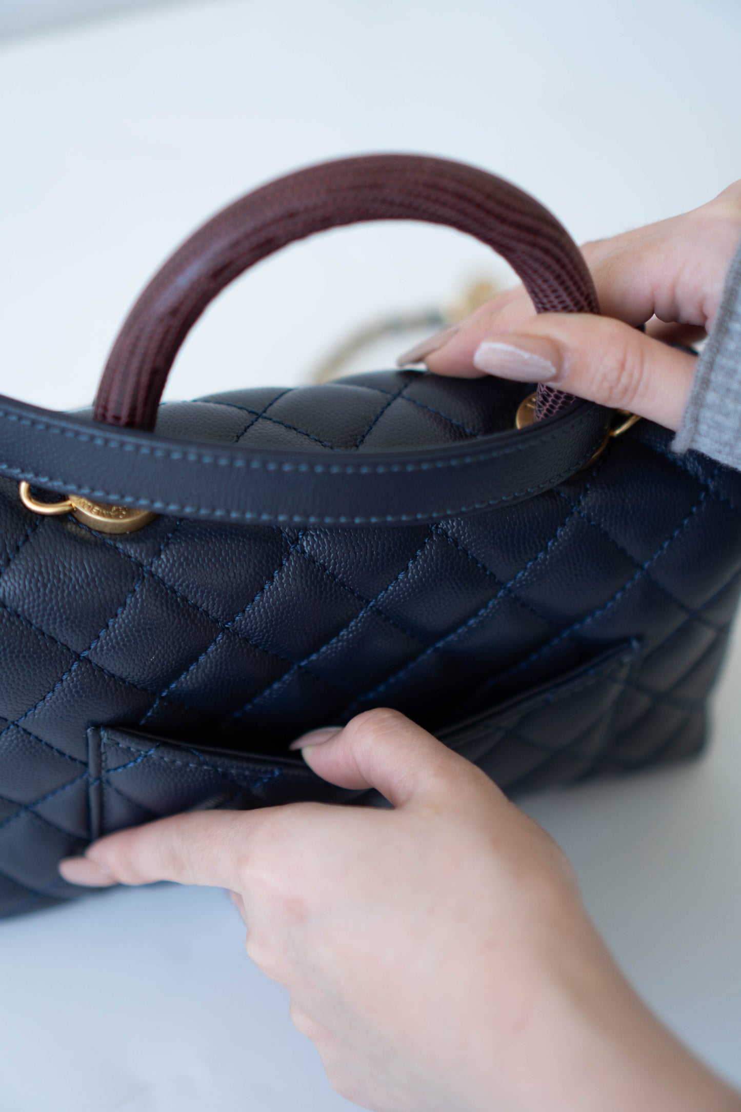 Coco Handle Small Navy Blue Caviar Leather & Snake Skin Handle with Gold Hardware