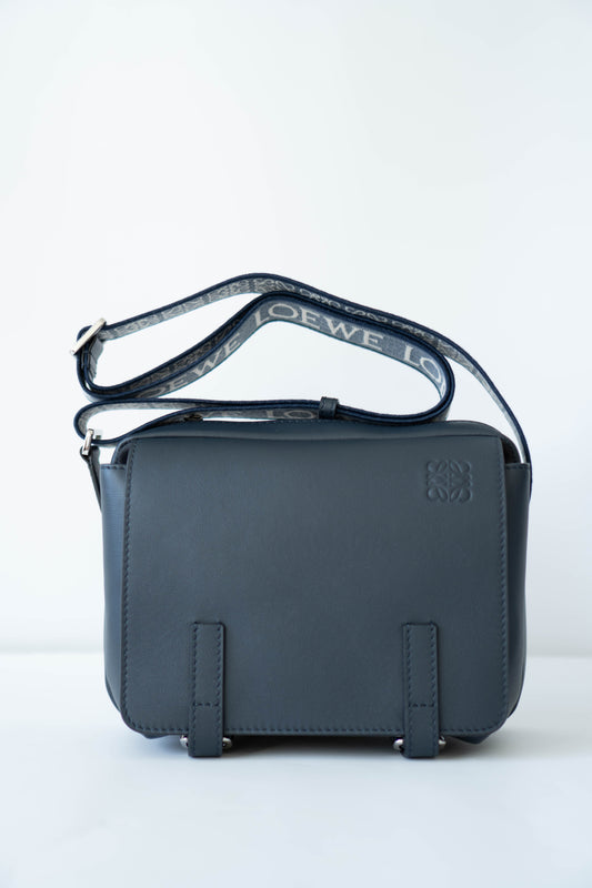 Military Messenger in Navy Blue supple Leather with Palladium Hardware