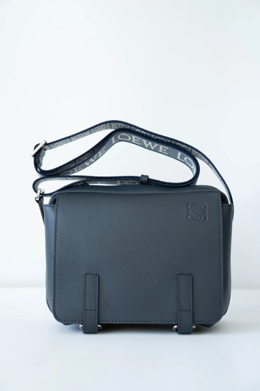 Military Messenger in Navy Blue supple Leather with Palladium Hardware
