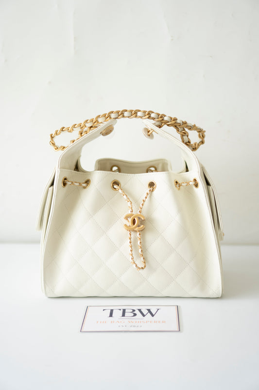 C25 Small – White Caviar Leather with Metal Drawstring Chain Strap