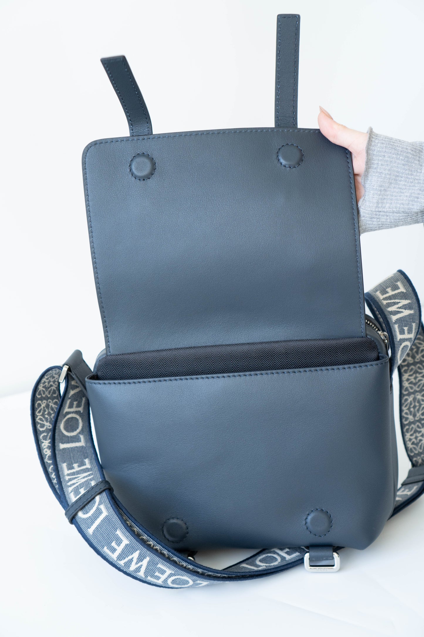 Military Messenger in Navy Blue supple Leather with Palladium Hardware