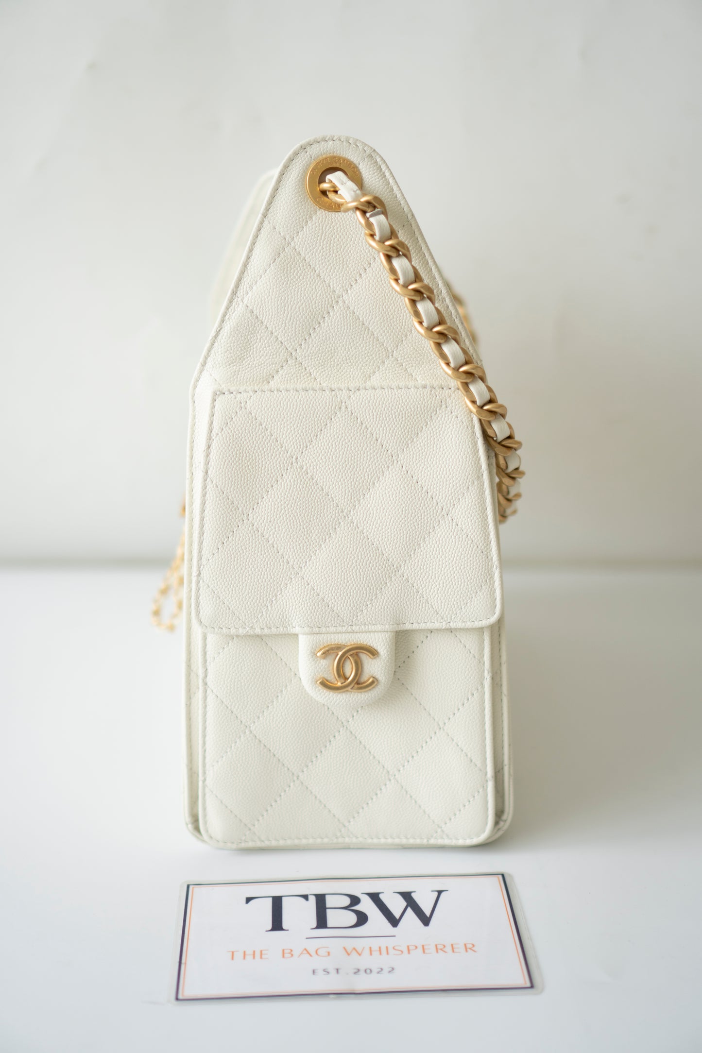 C25 Small – White Caviar Leather with Metal Drawstring Chain Strap