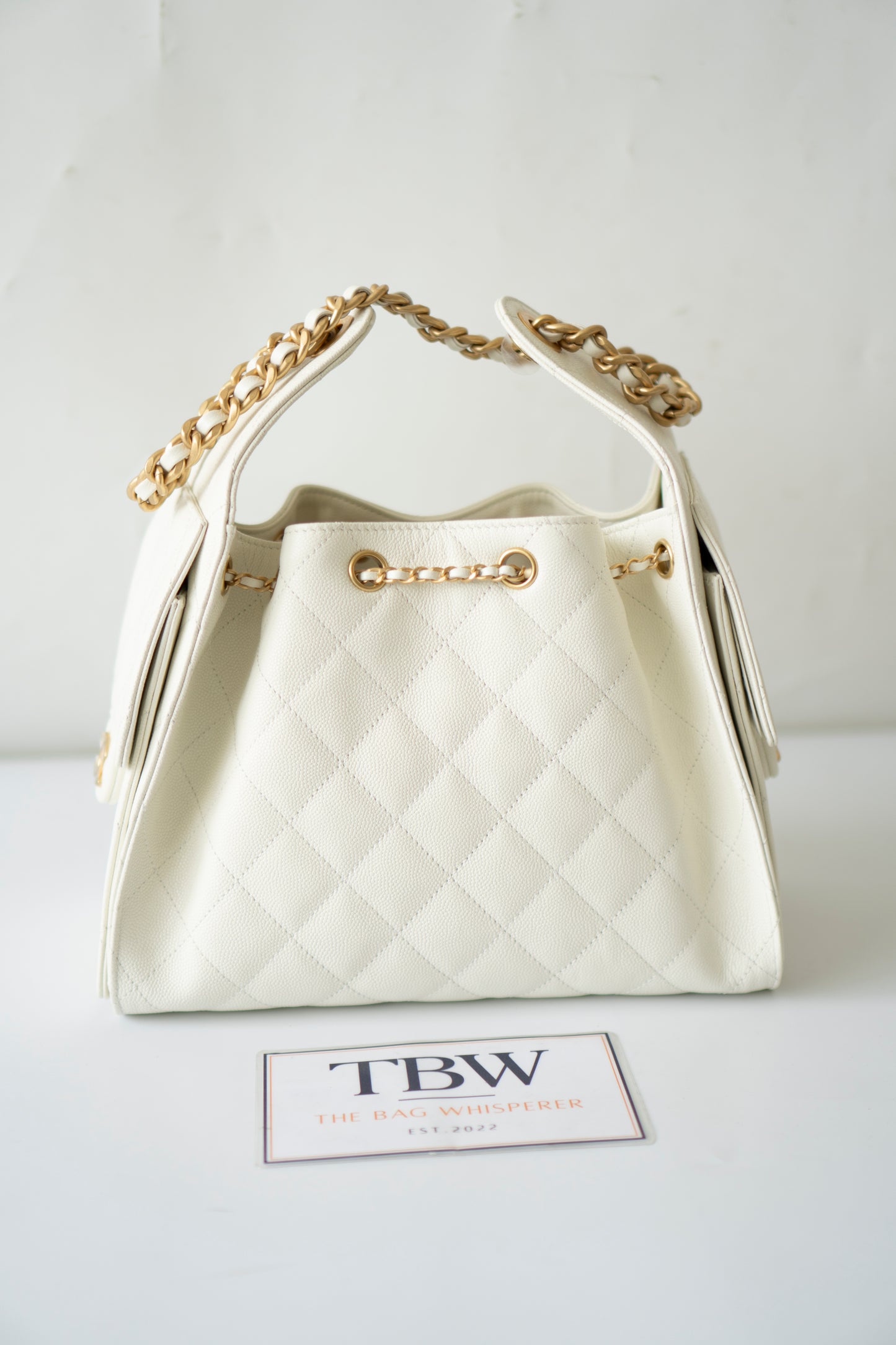C25 Small – White Caviar Leather with Metal Drawstring Chain Strap