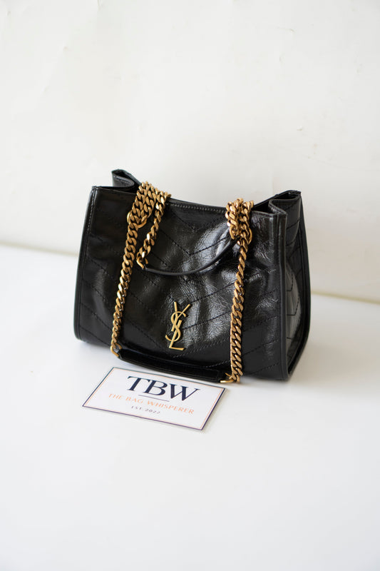 Niki Small Shopping Bag – Black Crinkled Vintage Calfskin with Gold Hardware
