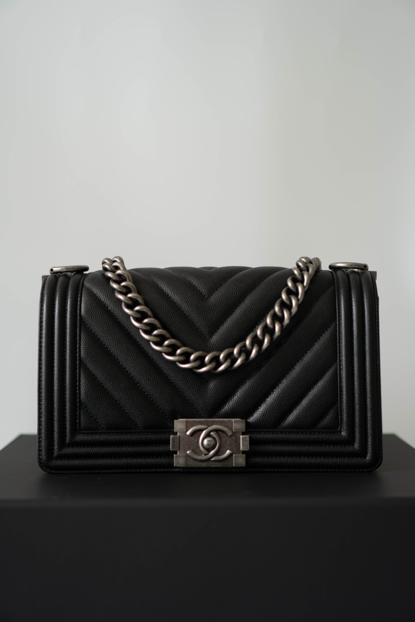 Le Boy Medium in Black Chevron Caviar Leather with Ruthenium Hardware