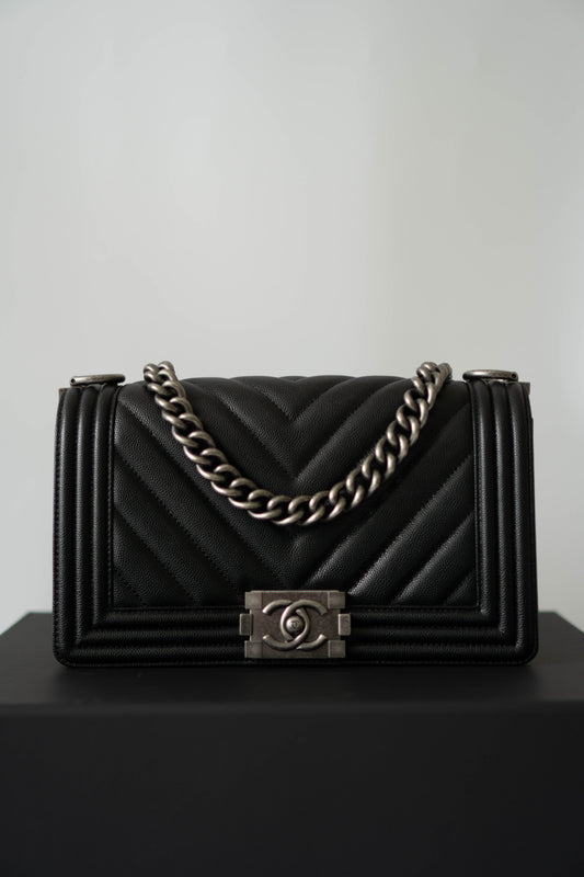 Le Boy Medium in Black Chevron Caviar Leather with Ruthenium Hardware