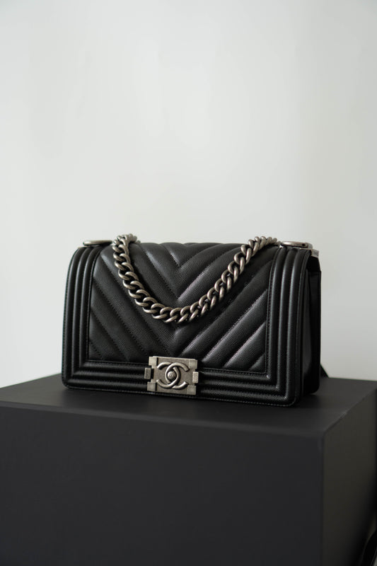 Le Boy Medium in Black Chevron Caviar Leather with Ruthenium Hardware