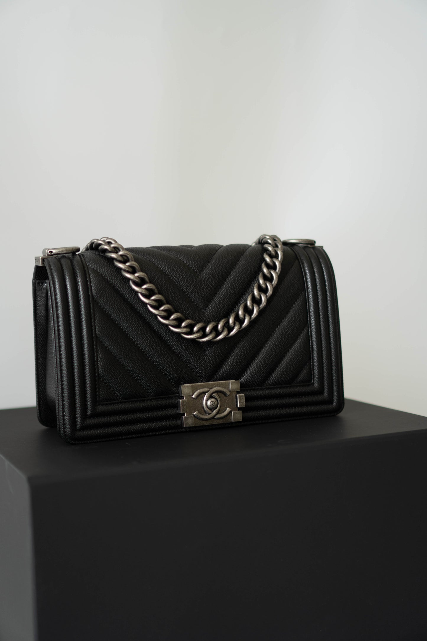 Le Boy Medium in Black Chevron Caviar Leather with Ruthenium Hardware