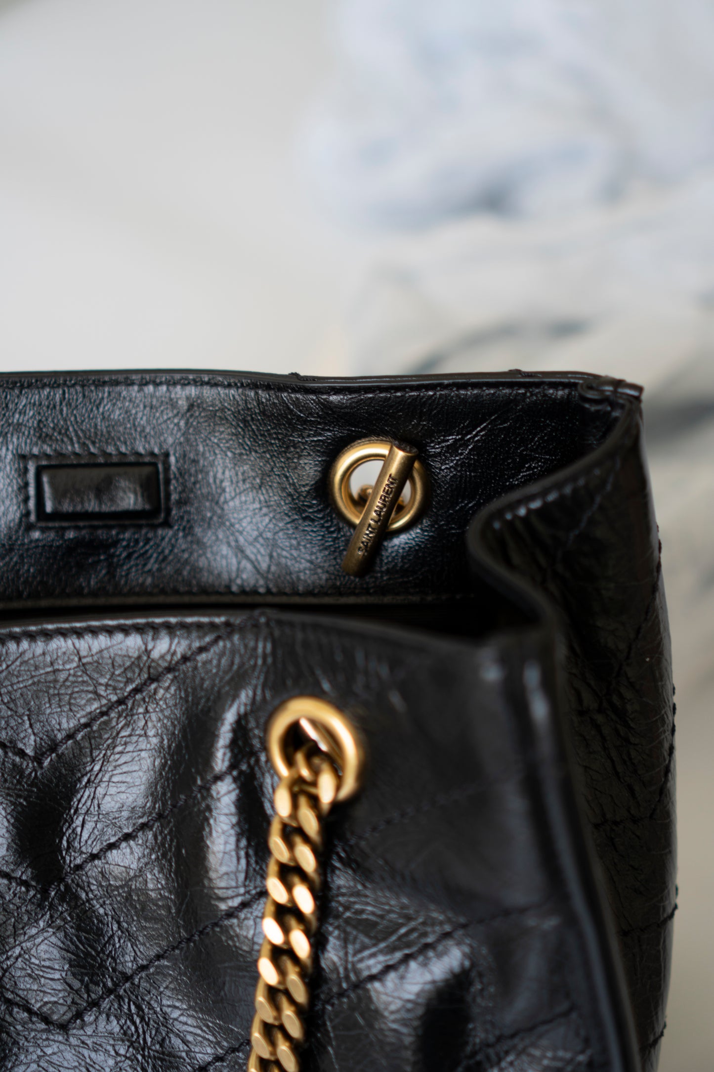 Niki Small Shopping Bag – Black Crinkled Vintage Calfskin with Gold Hardware