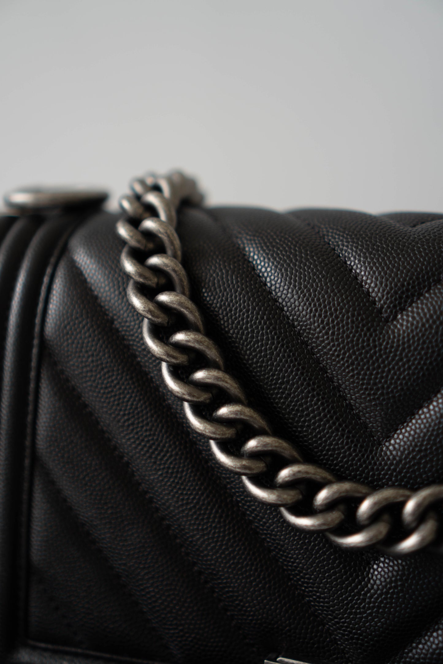 Le Boy Medium in Black Chevron Caviar Leather with Ruthenium Hardware