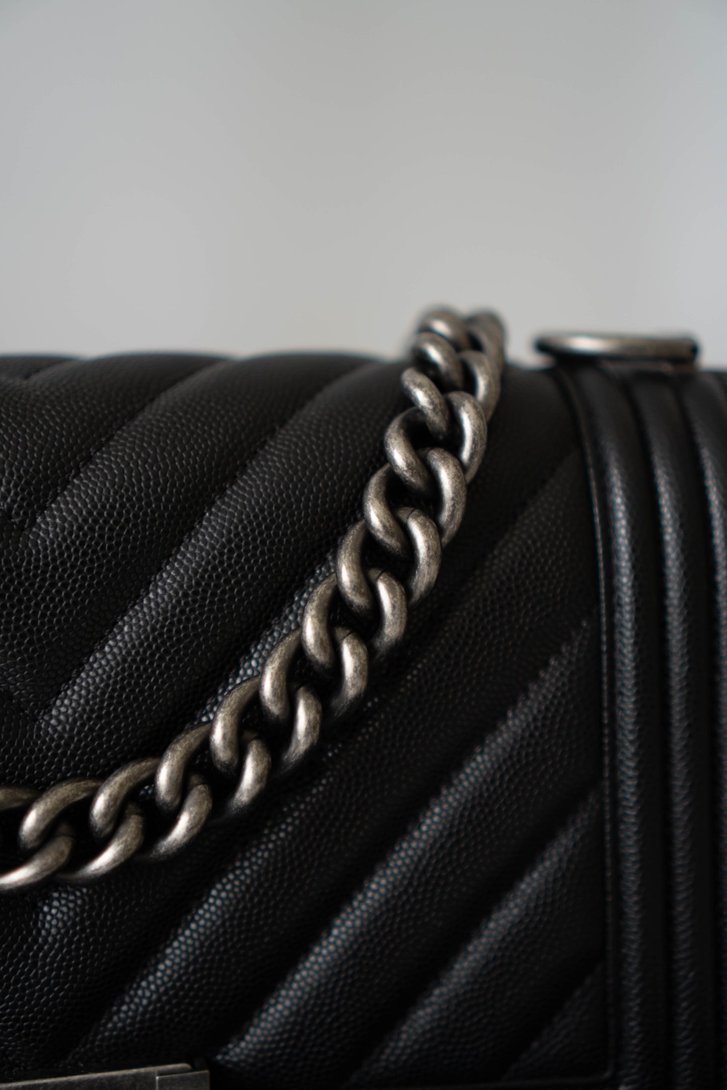 Le Boy Medium in Black Chevron Caviar Leather with Ruthenium Hardware