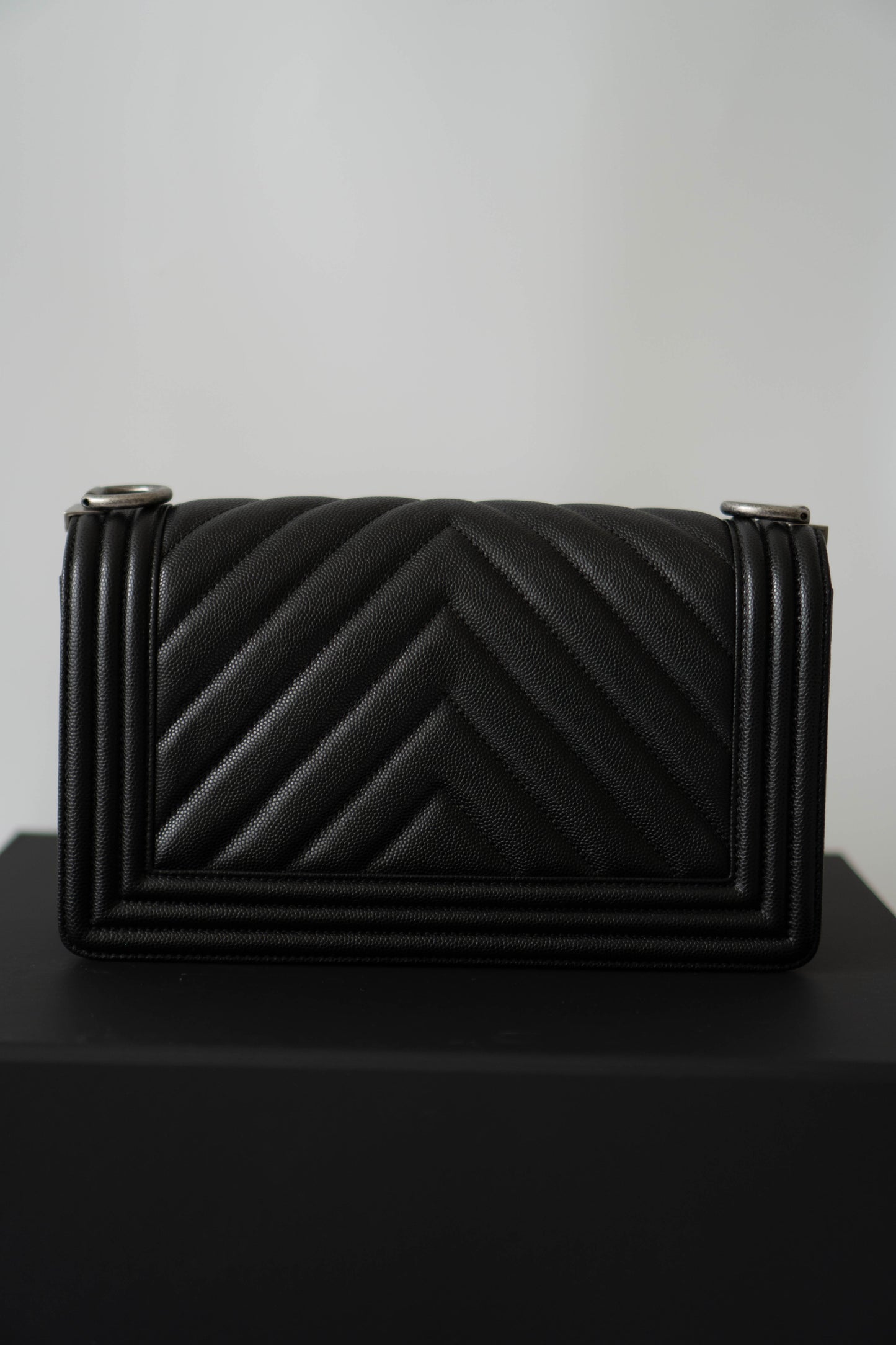 Le Boy Medium in Black Chevron Caviar Leather with Ruthenium Hardware