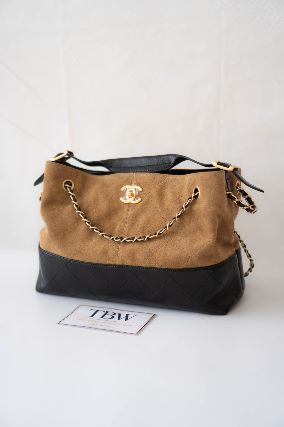 CC Large Hobo Bag – Tan Suede &amp; Black Calfskin