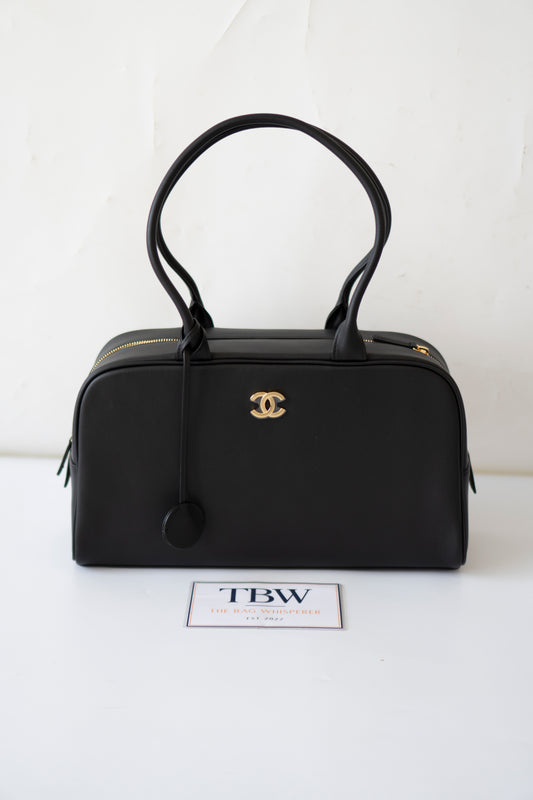 Large Bowling Bag 26S – Black Calfskin with Gold Hardware