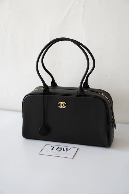 Large Bowling Bag 26S – Black Calfskin with Gold Hardware