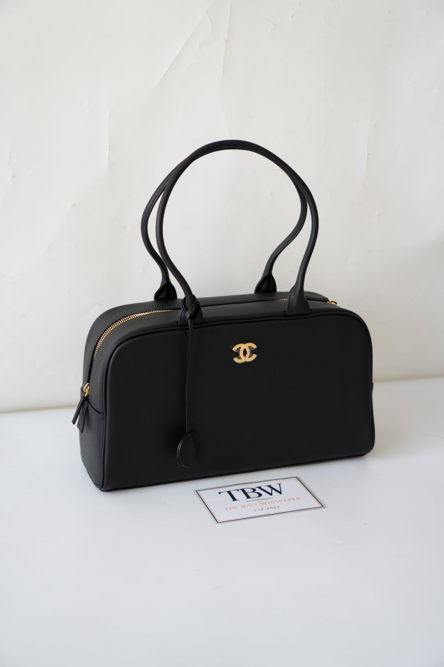 Large Bowling Bag 26S – Black Calfskin with Gold Hardware