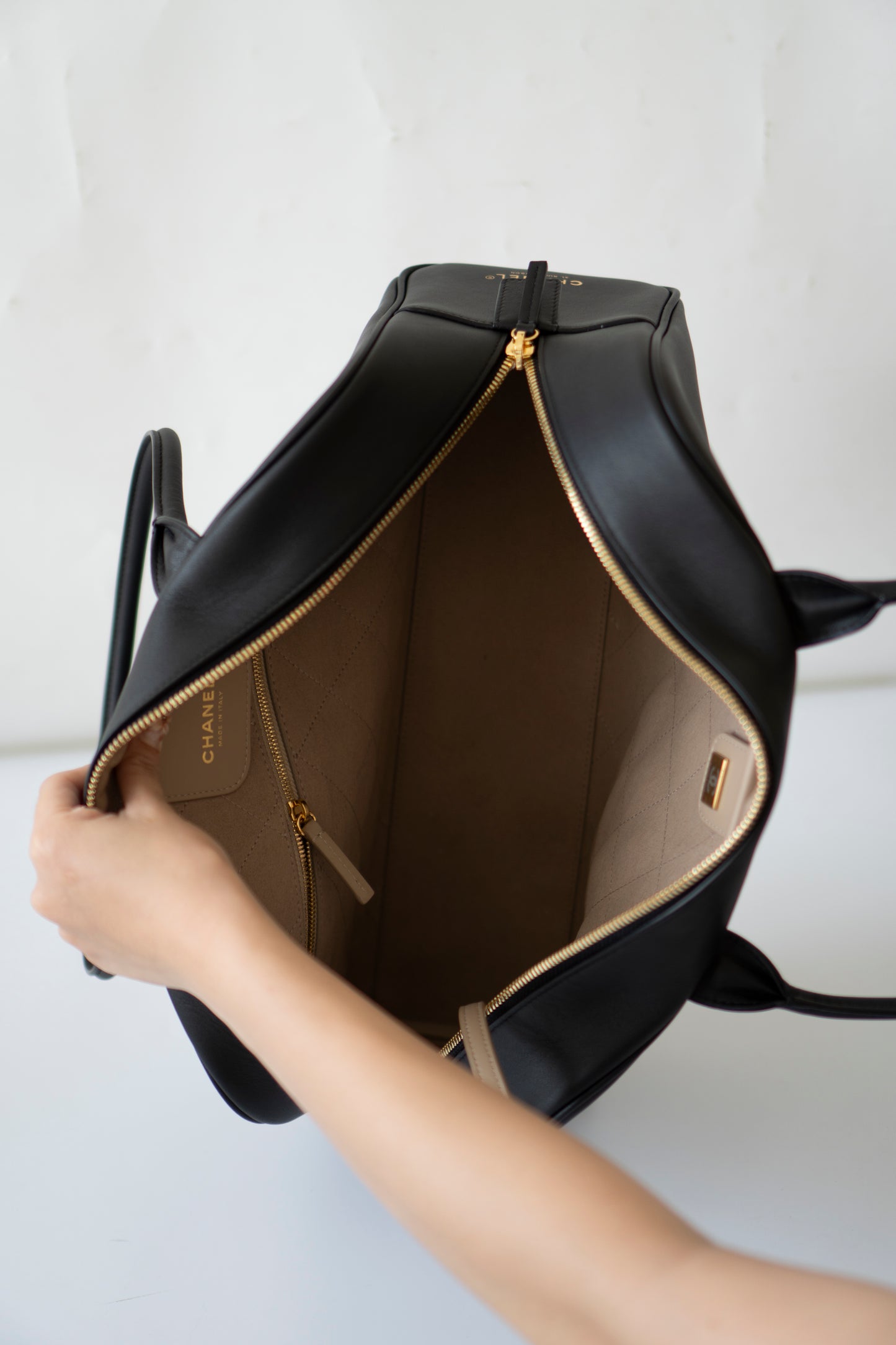 Large Bowling Bag 26S – Black Calfskin with Gold Hardware