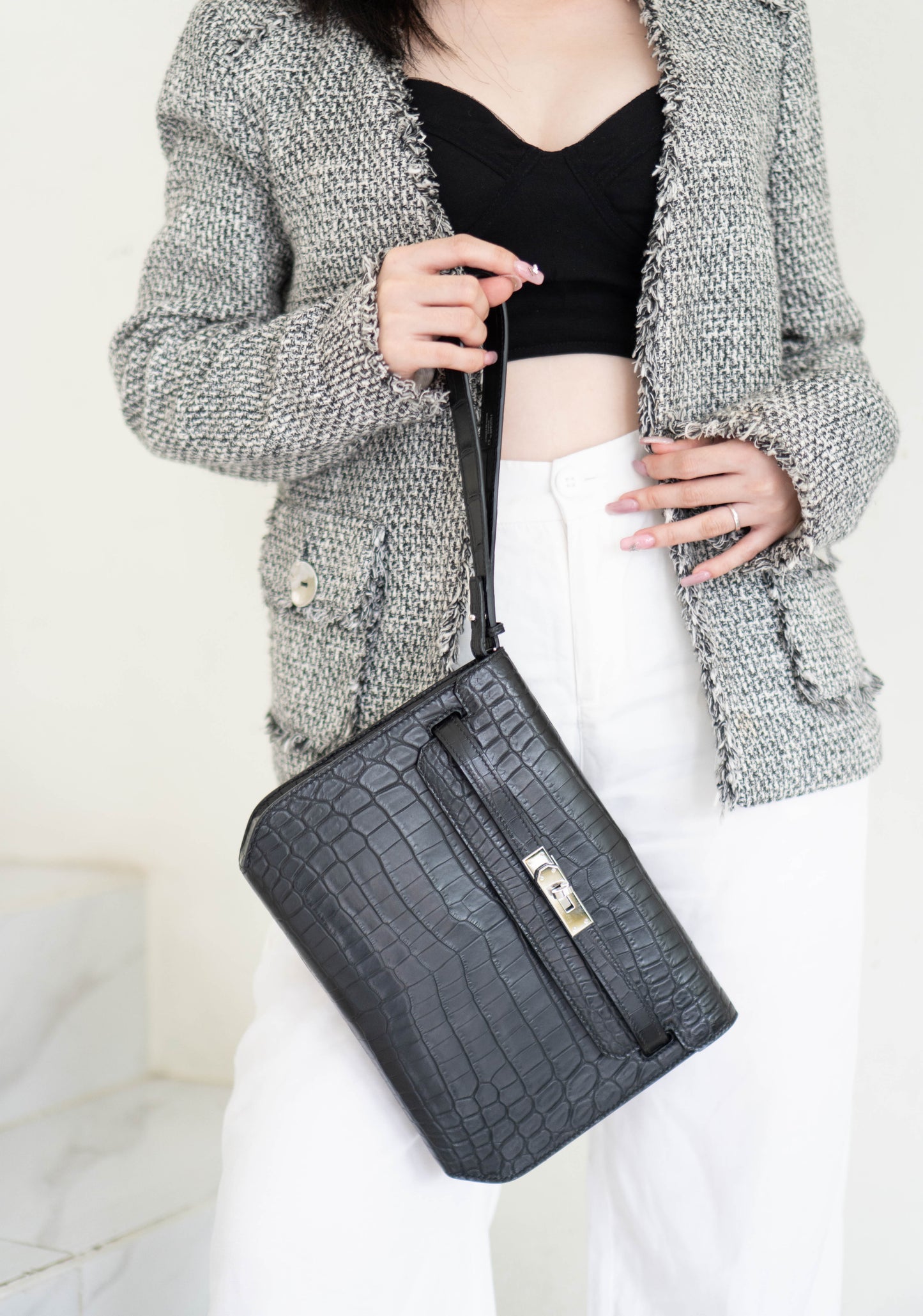 KL Dépêches in Matte Porosus Croc with Palladium Hardware