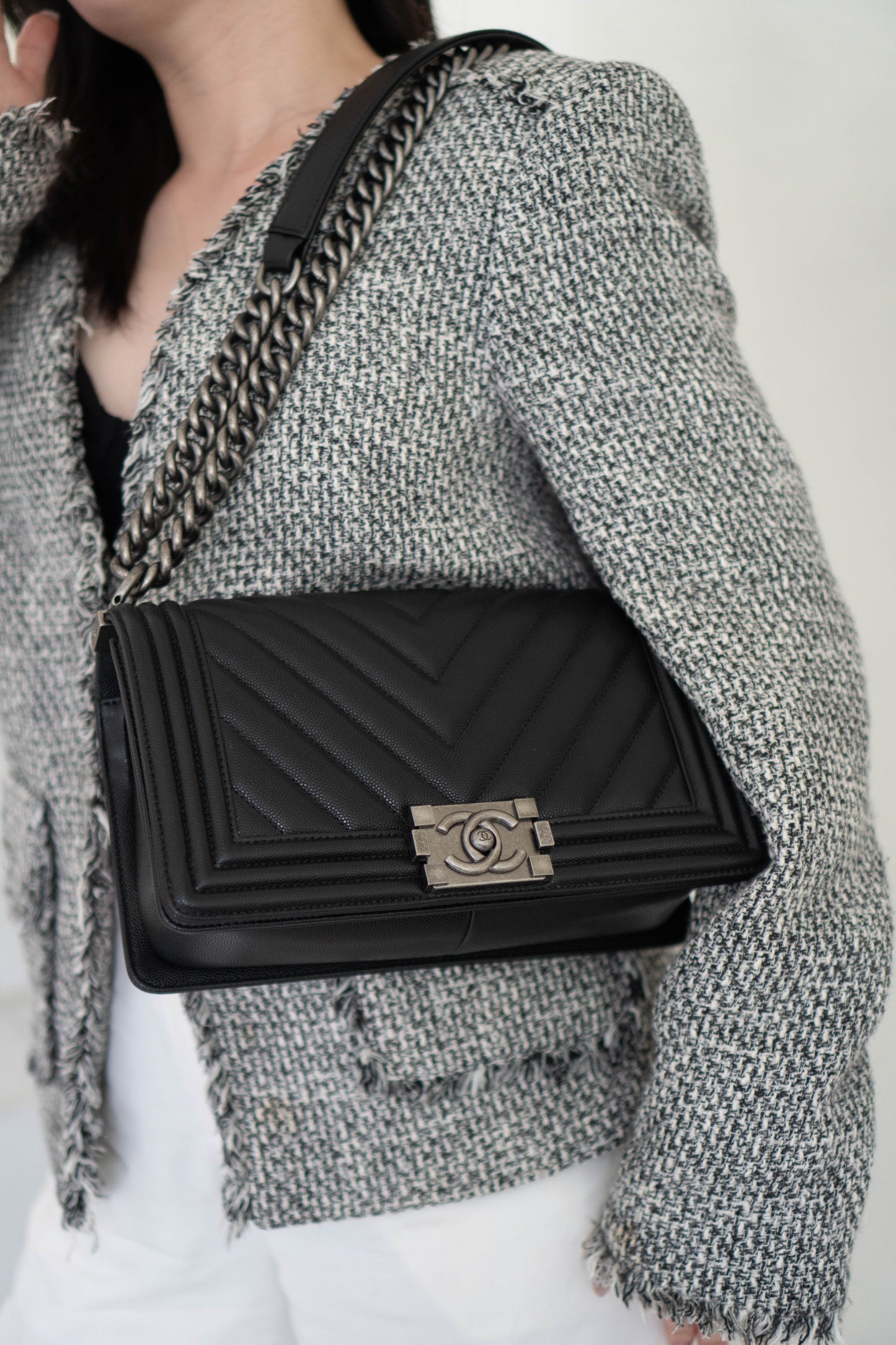 Le Boy Medium in Black Chevron Caviar Leather with Ruthenium Hardware
