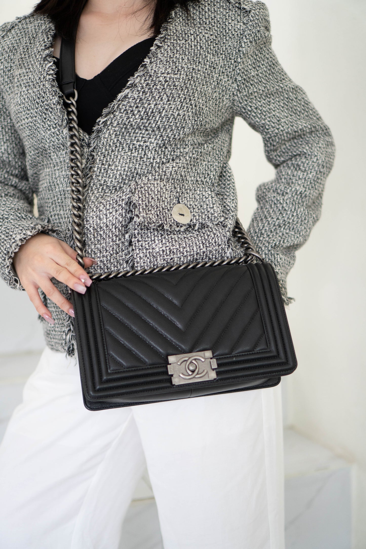 Le Boy Medium in Black Chevron Caviar Leather with Ruthenium Hardware