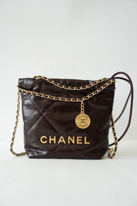 C22 Dark Brown in Mini Shiny Calfskin with Gold Hardware