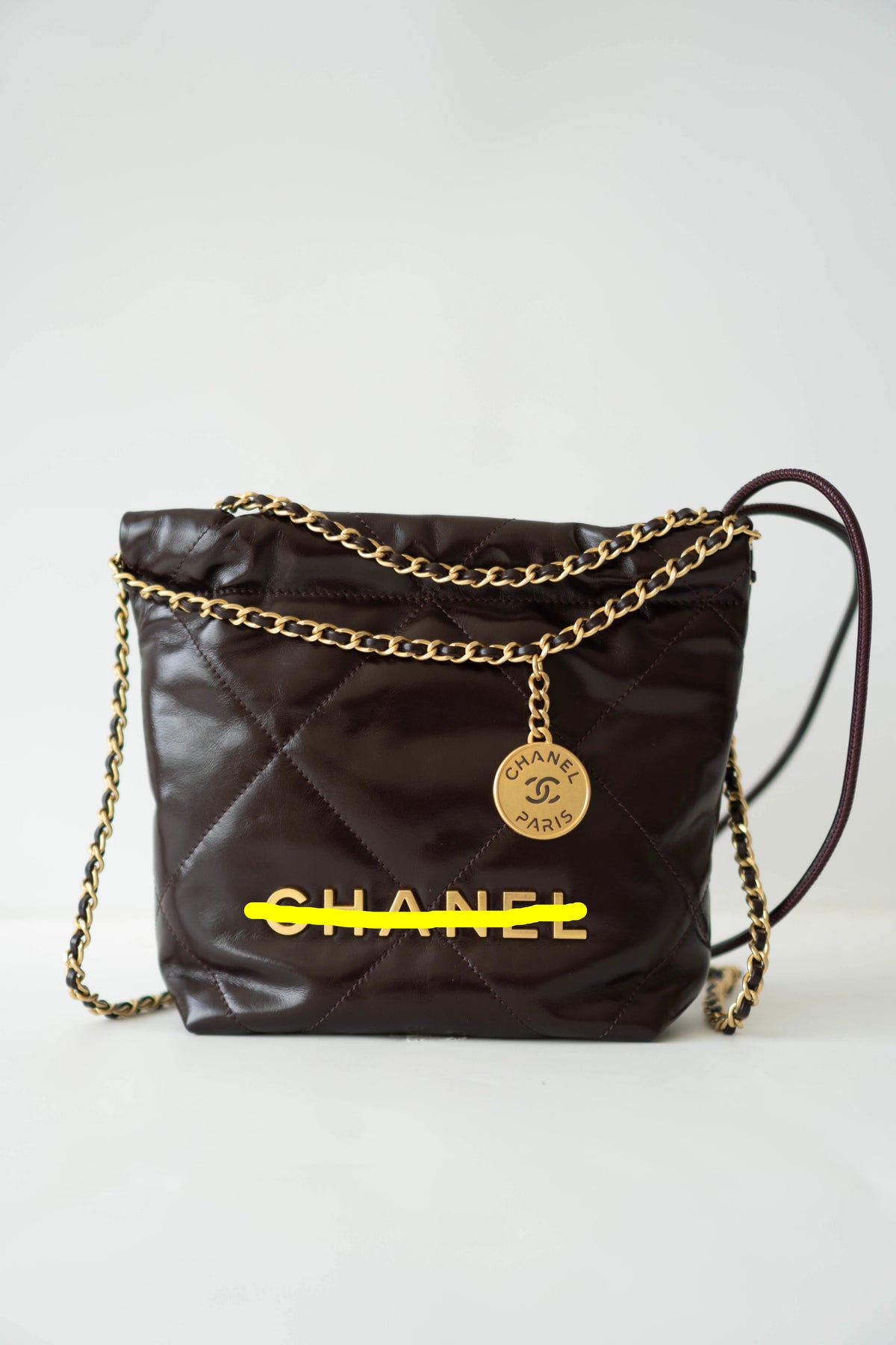 C22 Dark Brown in Mini Shiny Calfskin with Gold Hardware