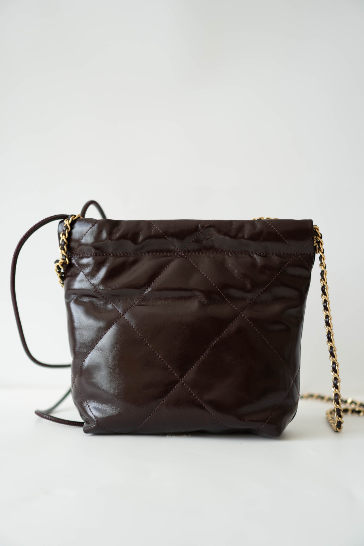C22 Dark Brown in Mini Shiny Calfskin with Gold Hardware