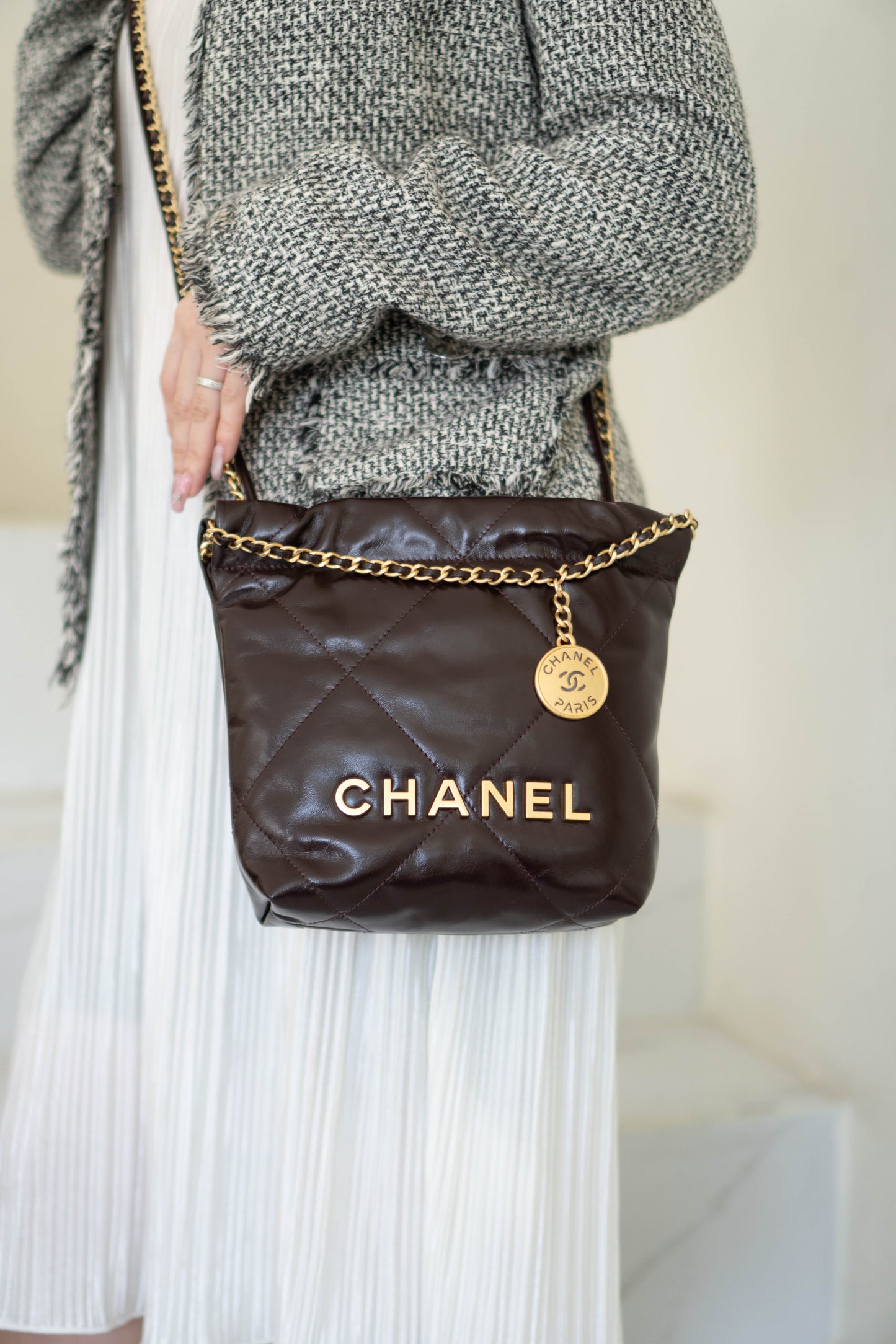 C22 Dark Brown in Mini Shiny Calfskin with Gold Hardware