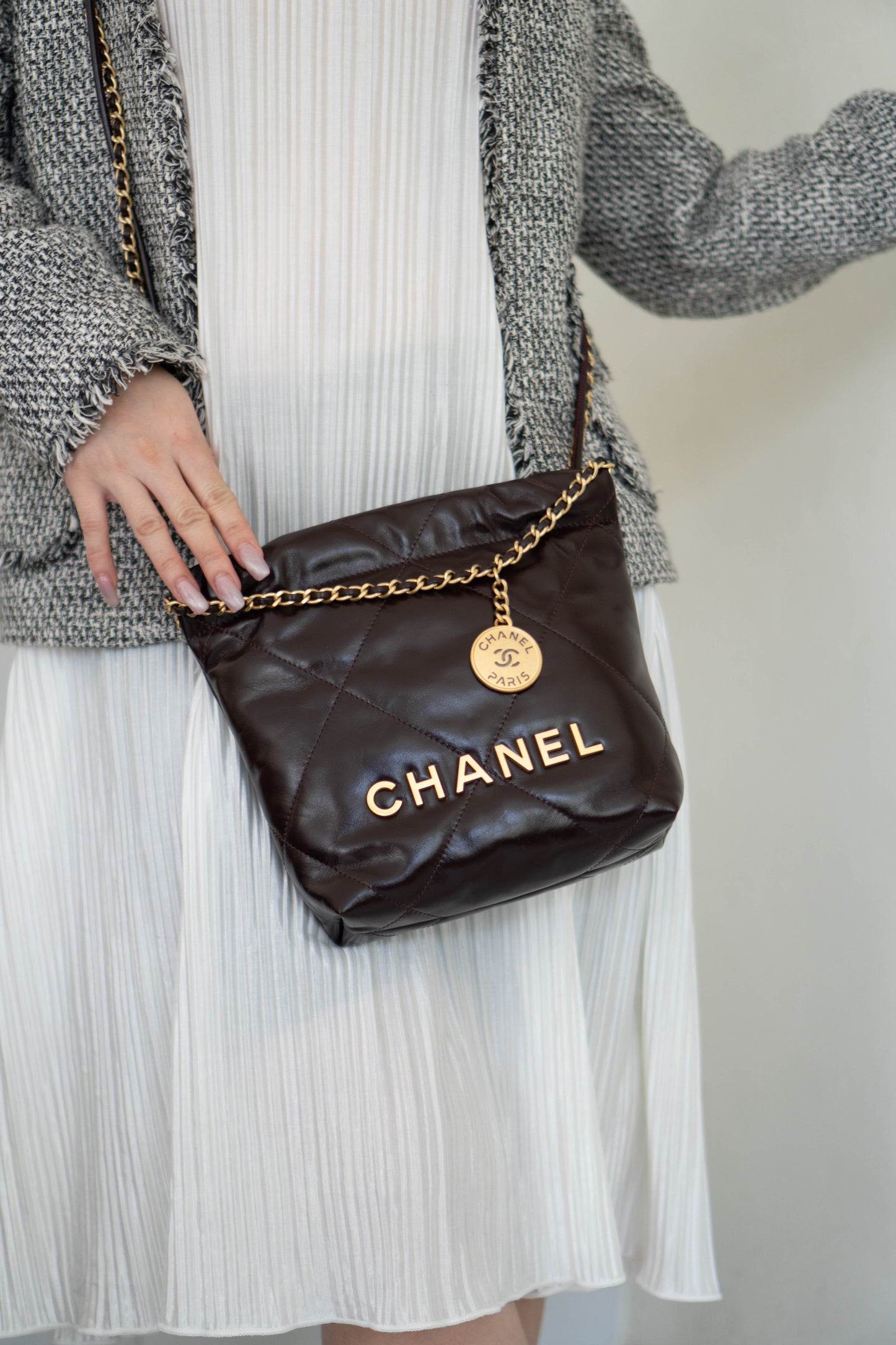 C22 Dark Brown in Mini Shiny Calfskin with Gold Hardware