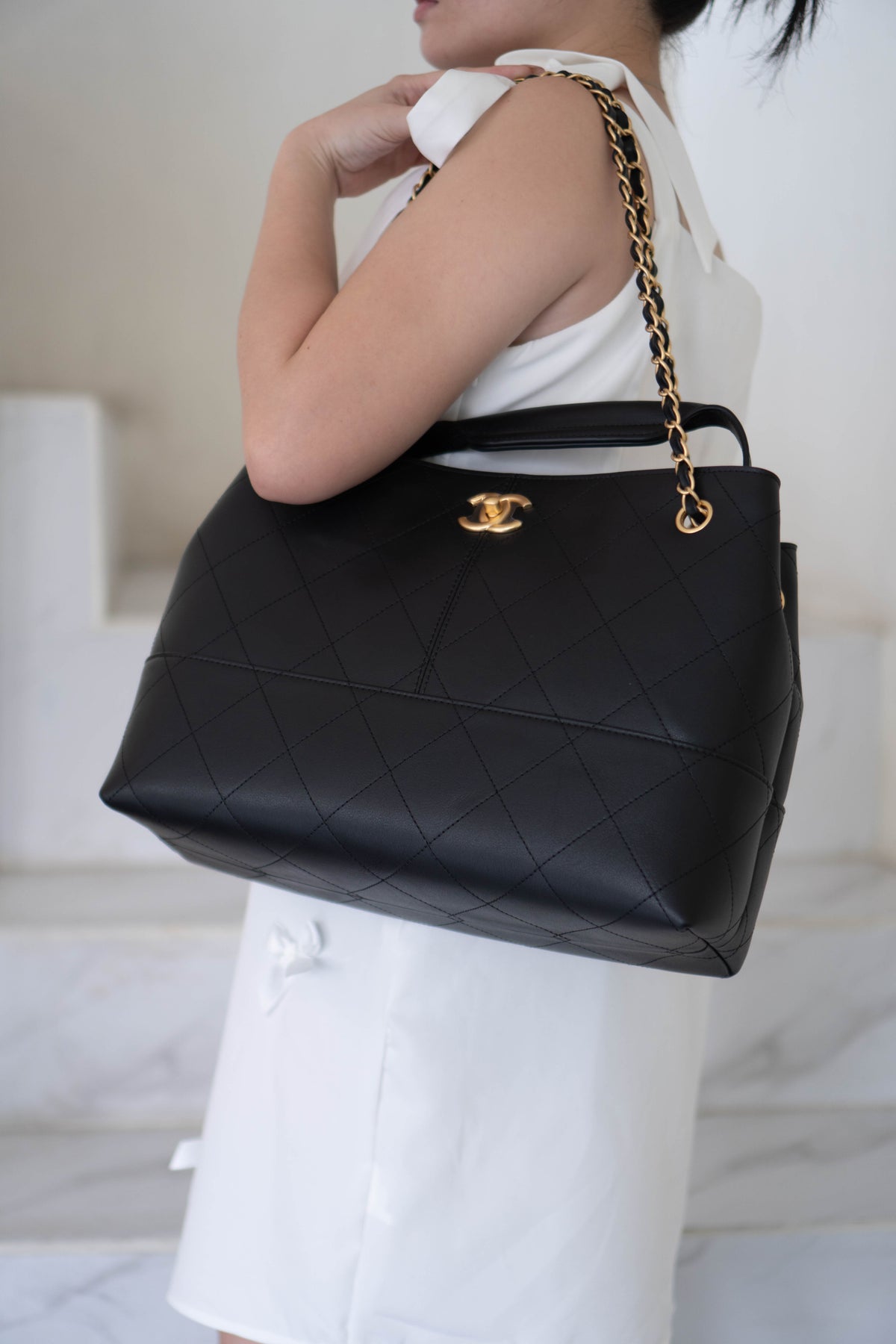 CC Large Hobo Bag – Black Calfskin in Gold Hardware