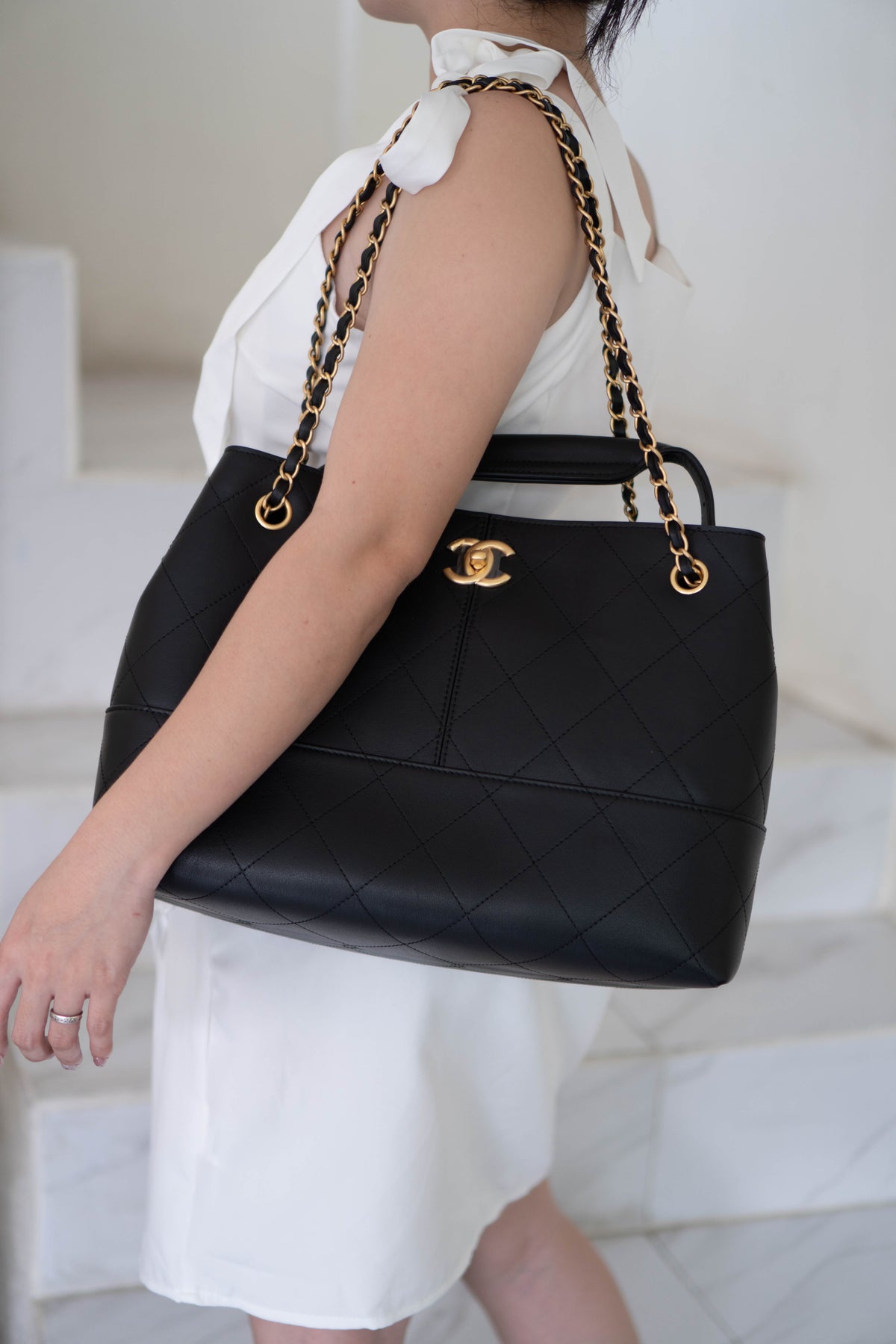 CC Large Hobo Bag – Black Calfskin in Gold Hardware