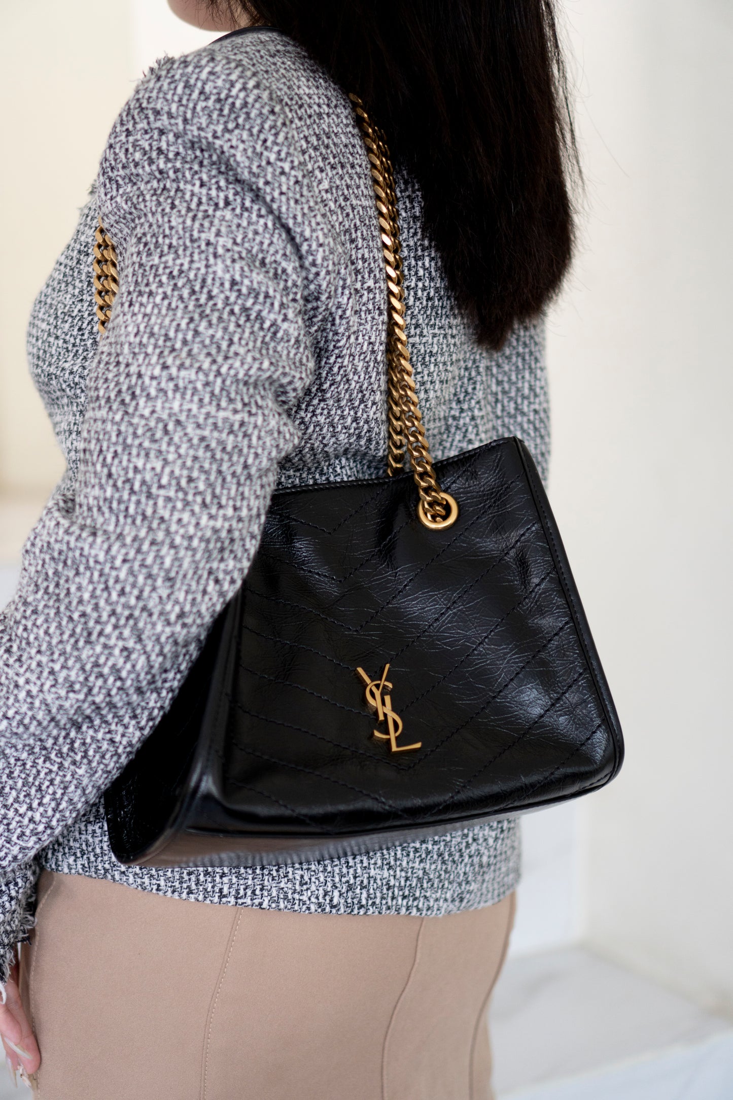 Niki Small Shopping Bag – Black Crinkled Vintage Calfskin with Gold Hardware