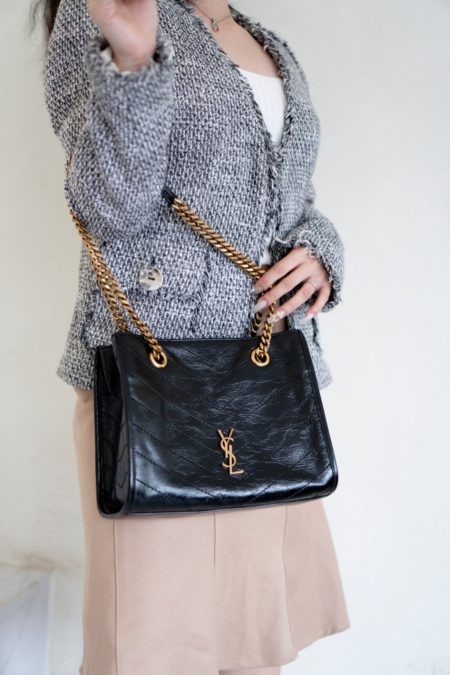Niki Small Shopping Bag – Black Crinkled Vintage Calfskin with Gold Hardware