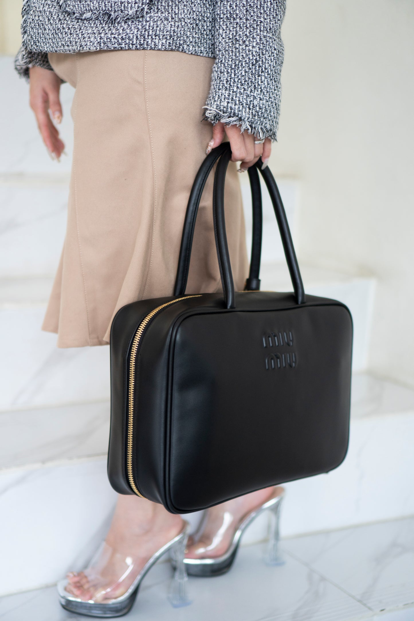 Beau Medium Bowling Bag – Black Smooth Calfskin with Gold Hardware