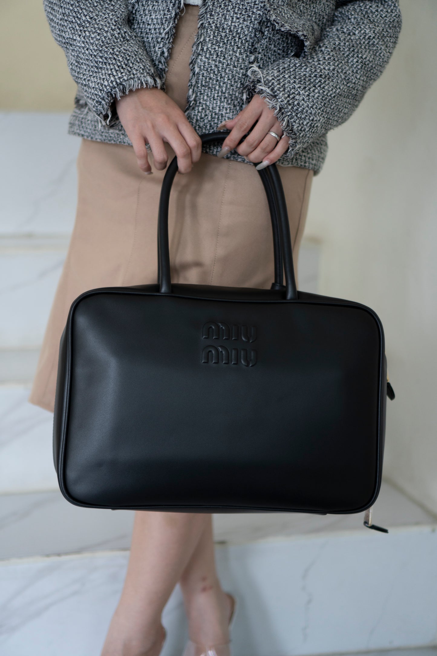 Beau Medium Bowling Bag – Black Smooth Calfskin with Gold Hardware