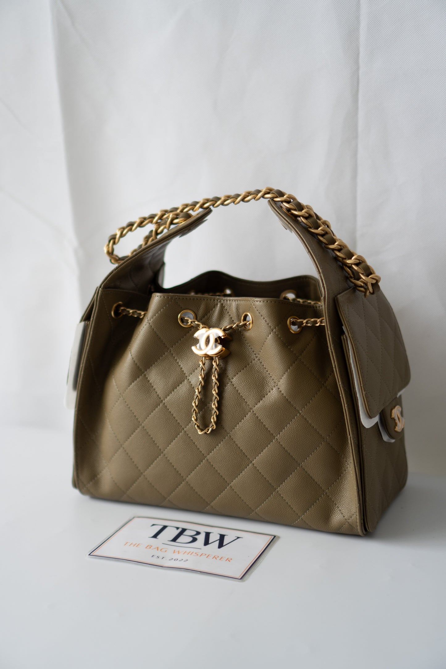 C25 Drawstring Bucket Bag – Small Khaki Green Caviar with Gold Hardware