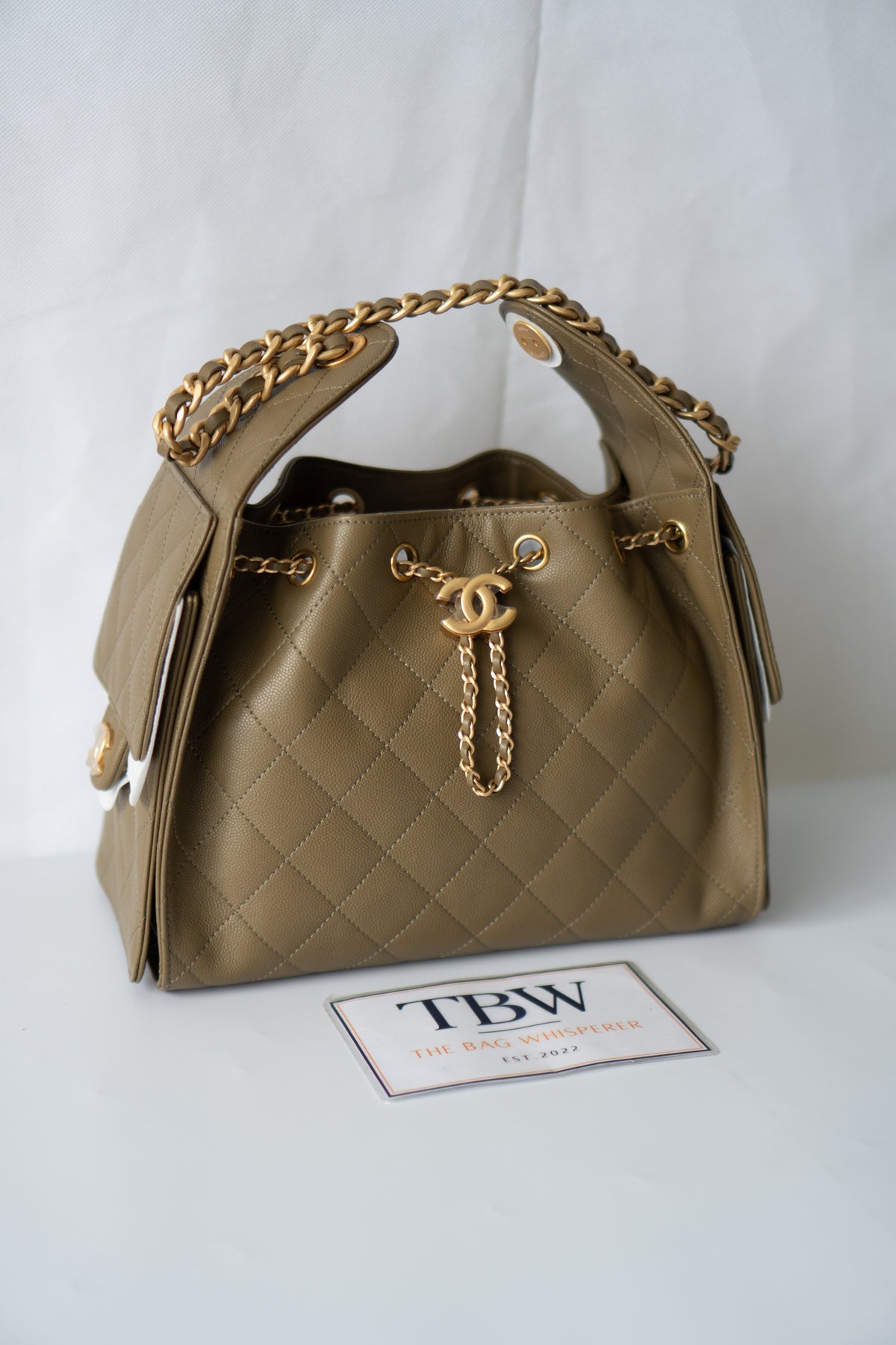 C25 Drawstring Bucket Bag – Small Khaki Green Caviar with Gold Hardware