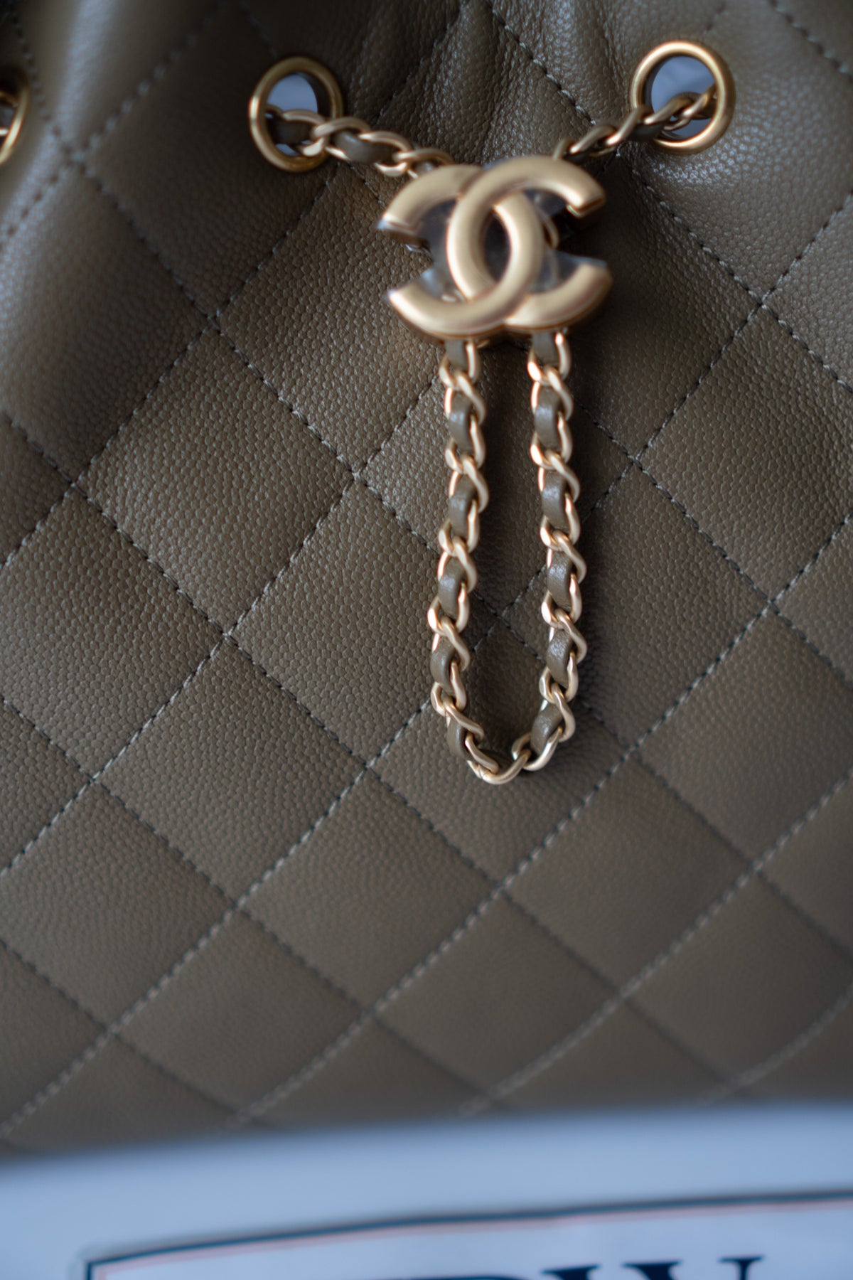 C25 Drawstring Bucket Bag – Small Khaki Green Caviar with Gold Hardware