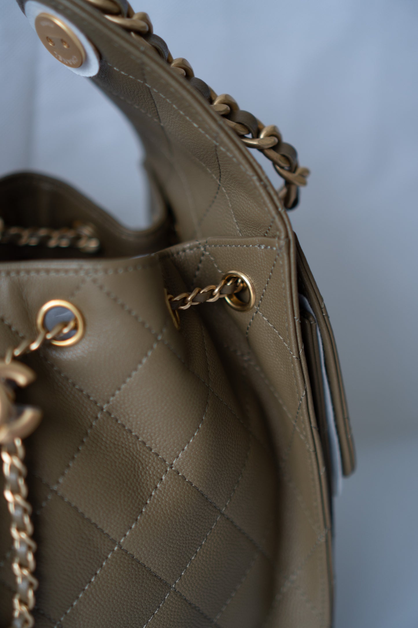 C25 Drawstring Bucket Bag – Small Khaki Green Caviar with Gold Hardware
