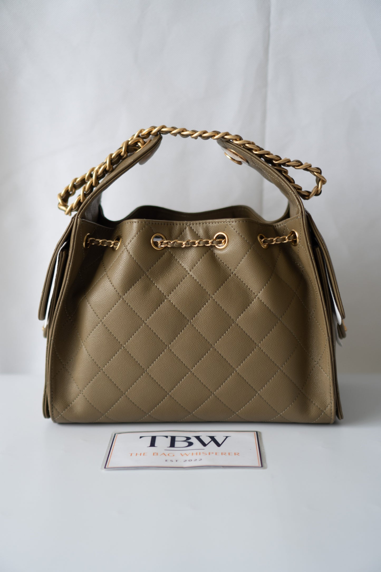 C25 Drawstring Bucket Bag – Small Khaki Green Caviar with Gold Hardware