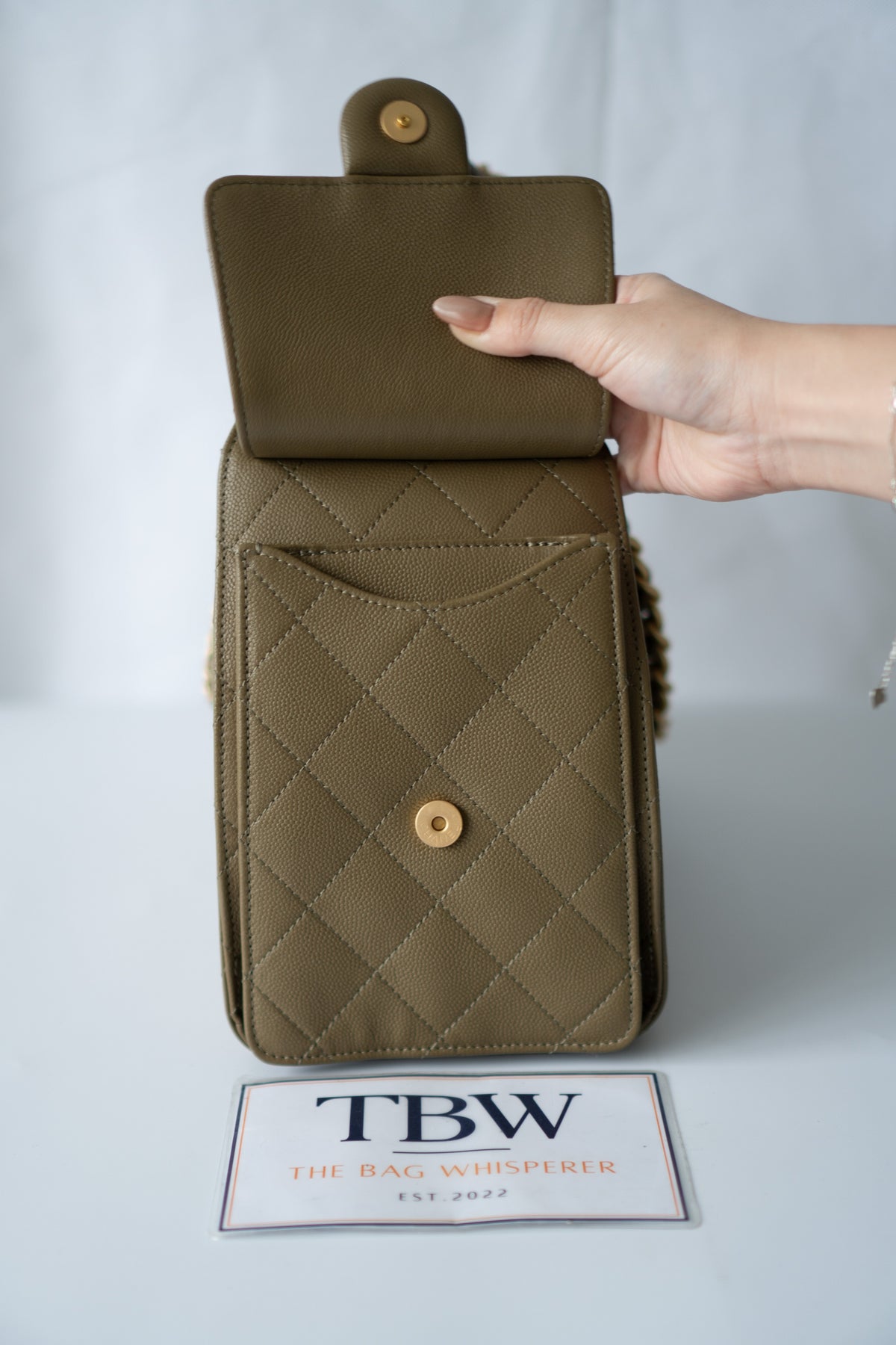 C25 Drawstring Bucket Bag – Small Khaki Green Caviar with Gold Hardware